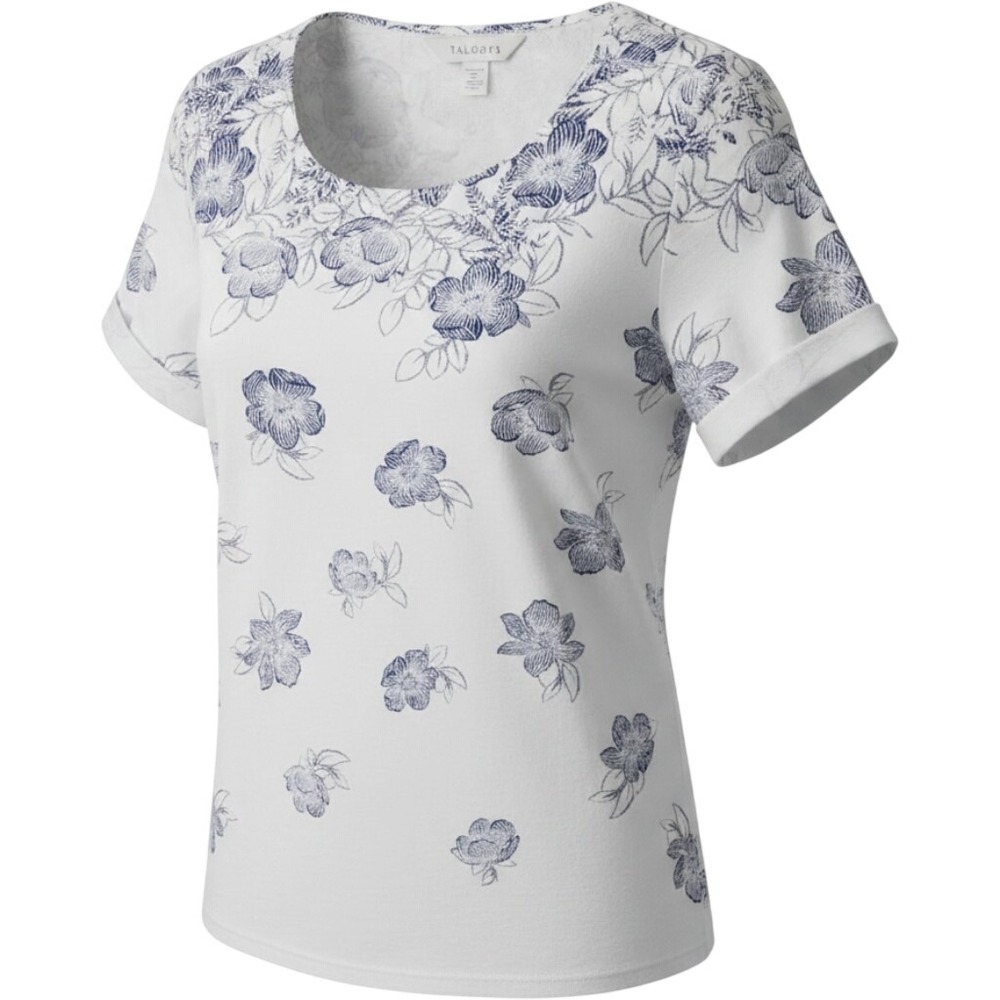 Talbots Womens XL Blue White Floral Sketch Cotton Spandex Short Sleeve Tee Top